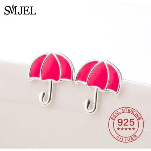SMJEL 100% 925 Sterling Cute Umbrella Earrings for Women Fashion Girls Jewelry Silver Pink Geometric Stud Earing aretes de mujer
