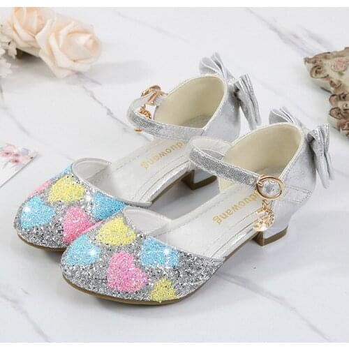Girls New Bow Womens sports shoes Crystal Princess Shoes Soft Bottom Big Child Shiny Performance High Heels Female heels