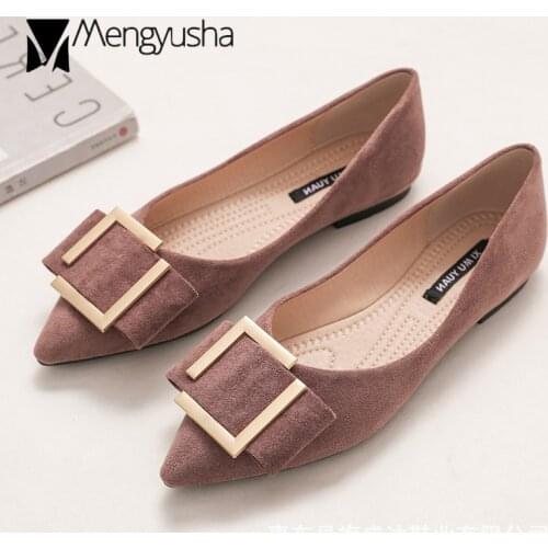 Plus casual pointed toe flat shoes woman autumn metal buckle bow soft sole shallow flock loafers comfy breathable egg roll shoes
