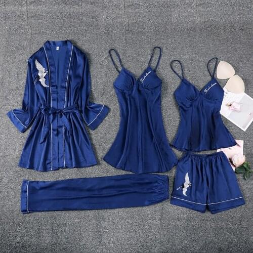 FZSLCYIYI Womens 5PC Strap Top Pants Suit Pajamas Sleepwear Sets Spring Autumn Crane Embroidery Homewear Nightwear Kimono M-XL