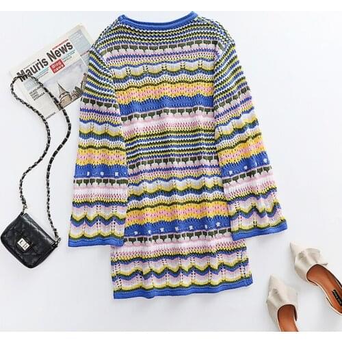 AECU 2021 Knit Stripe Long Sleeve Sweater and Pullover Women Sexy Mini Knitted Dresses Hollow Out Women O Neck Rainbow Jumpers