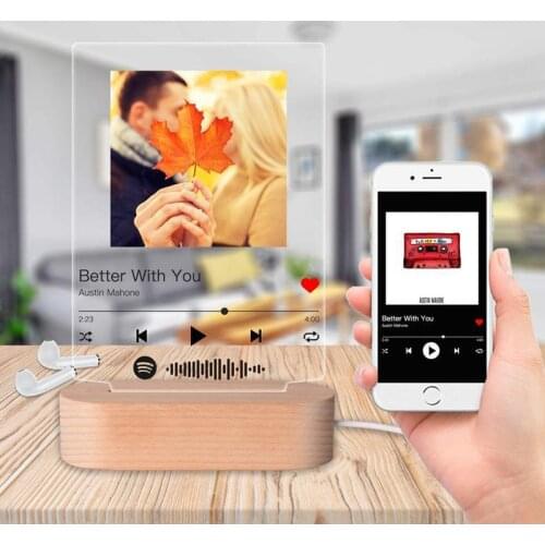 Customized Acrylic Photo Music Album Cover Wooden Base Night Light Personalized Spotify Scan Code Song Poster Artist Name Plaque