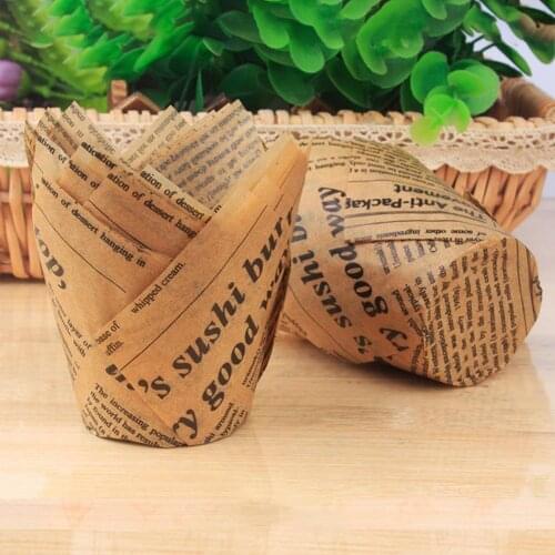 50pc Newspaper Style Cupcake Liner Baking Cup For Wedding Party Caissettes Tulip Muffin Cupcake Paper Cup Oil Proof Cake Wrapper