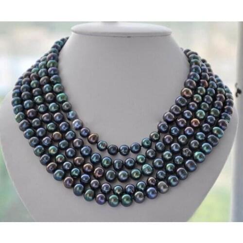 LONG 7-8mm round PEACOCK BLACK Freshwater pearl necklace 100inch