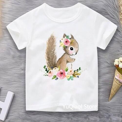 Animals Squirrel/Rabbit/Bunny/Deer/Raccoon/Penguin With Flowers T-Shirt For Girls Summer Childrens Clothes Kids Teens T Shirts