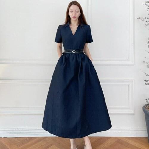Summer Dresses Vintage Elegant Bandage Bodycon Blue Short Sleeve Women Dress Korean Clothes Belt Sexy Party Long Aline Sundress