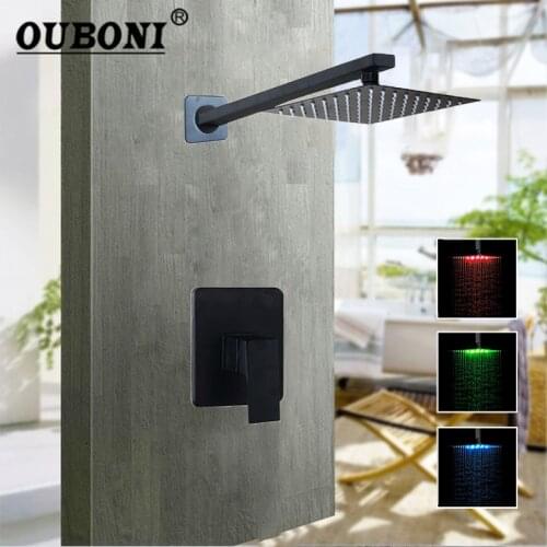 OUBONI 8/16 Inch Matte Black Bathroom Faucet Ceiling Square Shower Head Solid Brass Wall Mount Rainfall Hand Shower Faucet Set