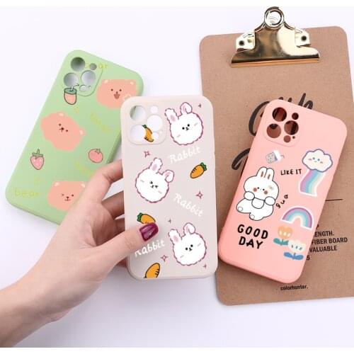 Cute Cartoon Funny Rabbit Phone Case For iPhone 11 Pro 12 7Plus 7 8 8Plus X XR XS Max Soft Print Candy Color Phone Cover Fundas