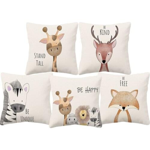 Cartoon Animal Lion Giraffe Fox Deer Hedgehog Cushion Cover Animals Sketch Be Brave Unique Pillow Case Sofa Decoration
