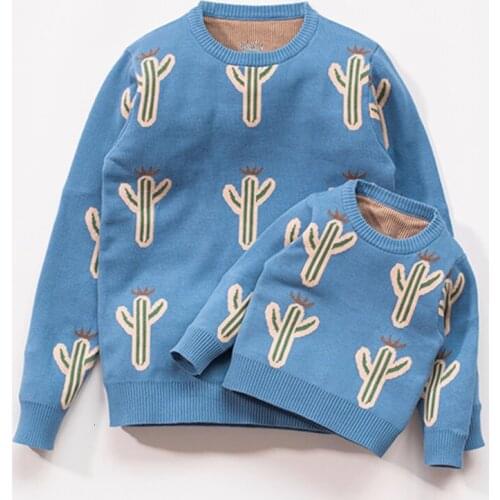2021 New Kids Sweater for Mother Daughter Son Wool Knit Mommy and Me Sweaters Cactus Jacquard Pattern Family Matching Clothes