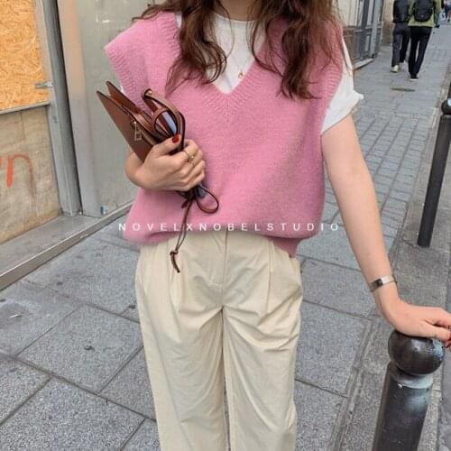 New V neck Girls Pullover vest sweater Autumn Winter Pink Knitted Women Sweaters vest Sleeveless Warm Sweater Casual oversize