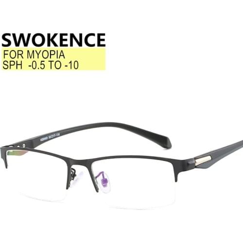 SWOKENCE Customizable Myopia Glasses Prescription -0.5 to -10 Women Men Upseale Alloy Half Frame Spectacles For Nearsighted F075