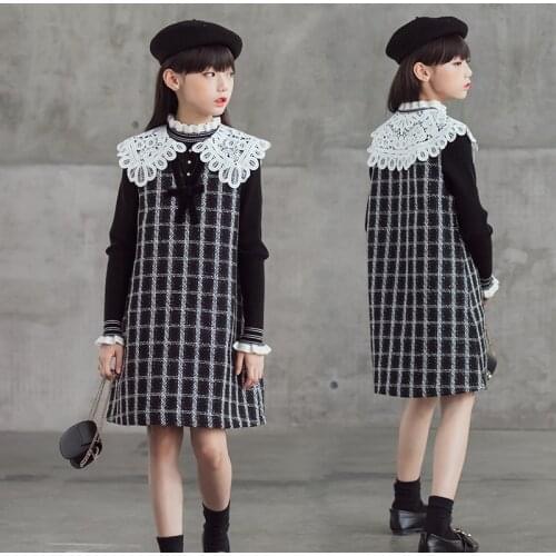 Autumn Winter Girls Dress Sleeveless Lace Collar Sweaters Elegant Dress Sets Party Wedding 10 12 years Girls Clothing