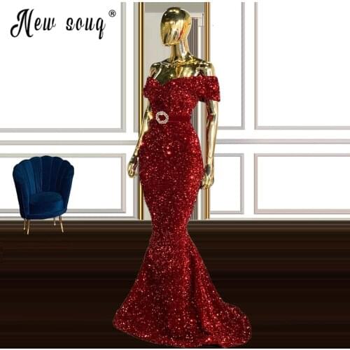 Dark Red Sequined Party Dress Off The Shoulder Dubai Moroccan Kaftans Evening Gowns For Weddings Longue Robes Dubai Soiree