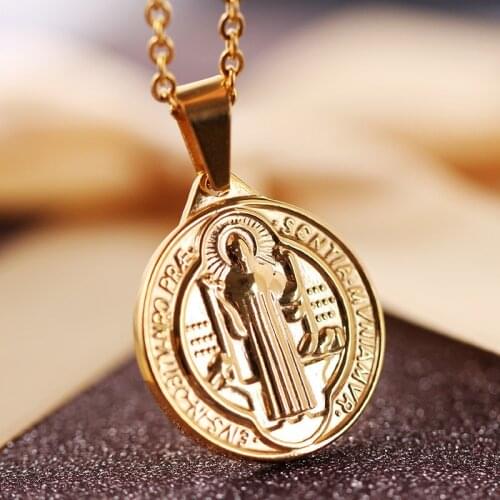 Religious San Benito Medal Necklace Stainless Steel Vintage Medalla Saint Benedict Cross Necklace Pendants For Women Men Jewelry
