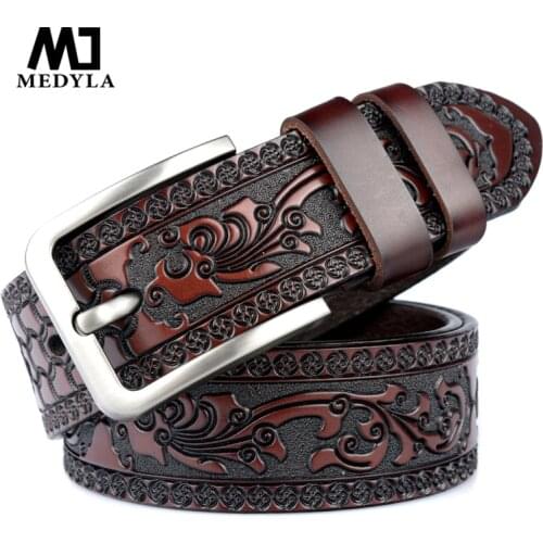 MEDYLA Belts For Men High Quality Cow Genuine Leather Embossing Belt Male Fashion Classic Vintage Pin Buckle Strap For
