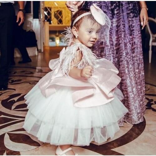 Pink Baby Girls Birthday Dresses Cap Feather Sleeve Girls Baptism Dresses with Big Bow Kid Size 1-14Years