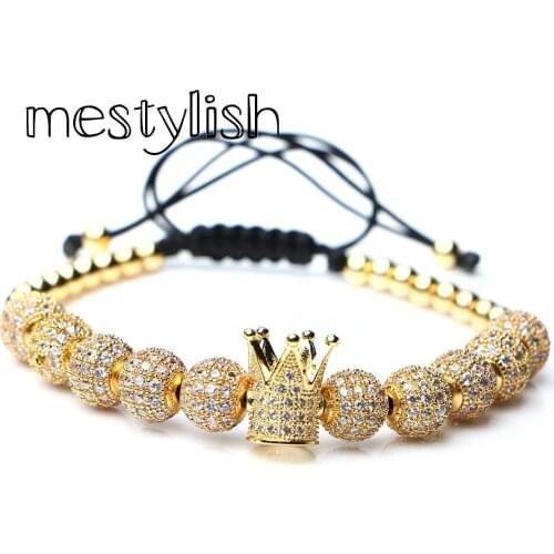 Mestylish Crown Charm 4mm Round Cubic Micro Pave Zircon Beads Braided Macrame Bracelet Men Jewelry Pulseira Feminina
