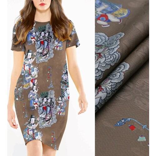 114CM 19MM Jacquard Chinese Mural Print Guanle Silk Crepe Fabric for Summer one-piece Dress Shirt Clothes Pants B128