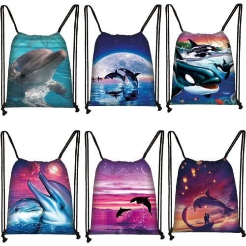 Dolphins Print Drawstring Bag Fashion Storage Bag Teenager Boys Girls Casual Animal Backpack Travel Bags Bookbag Gift