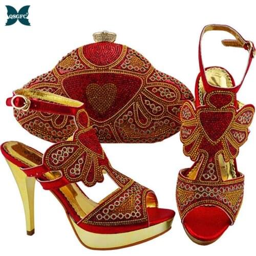 Red Color Italian design Matching Shoe and Bag Set for Wedding Slip on Shoes for Women Italian Lady Shoes with Matching Bags