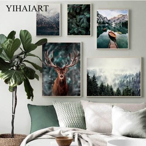 Fog Forest Landscape Poster Nordic Mountain Lake Wall Art Canvas Deer Animal Print Painting Nature Decorative Picture Home Decor
