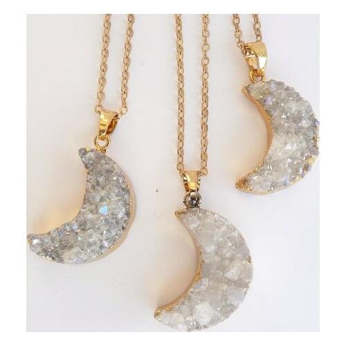 WT-N541 Hot sale half moon pendant for women natural druzy at gate with gold eletroplated crescent necklace fashion jewelry
