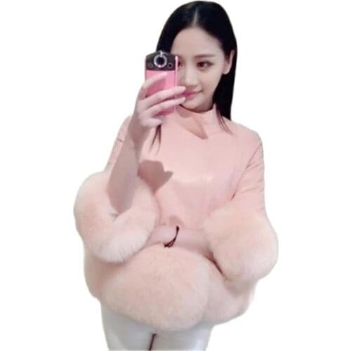 Spring Autumn Winter New Women Leather Jacket Faux Fox Fur Splicing Fur Stand-up Collar Leather Jacket 3/4 Sleeve Lady Short Coa