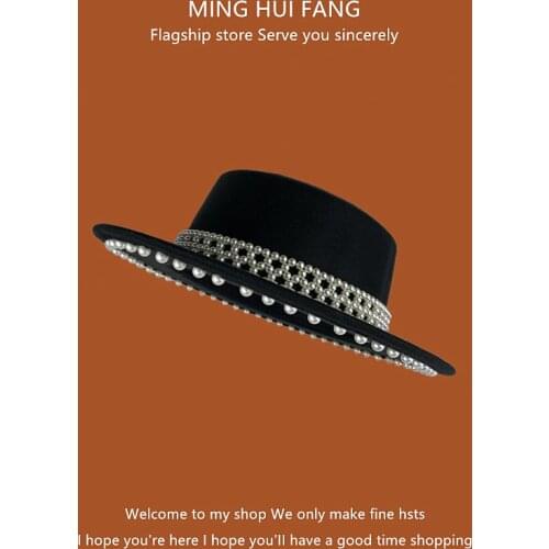 Lady Hat French Retro Hepburn Fake Pearl Black Woolen Flat Brim Top Spring Fall Noble Elegant Woman British Jazz High Quality