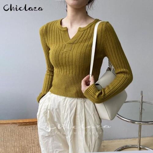Sweaters Women 2021 New Spring Autumn Fashion V-neck Solid Long Sleeve Knitted Pullovers Female Jumper Top