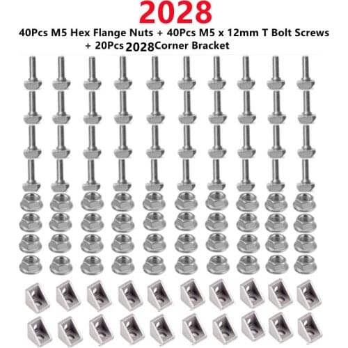 20Set 2028 Aluminum Profile Connector Set: 40Pcs M5 Hex Flange Nuts + 20Pcs 2028 Corner Bracket + 40Pcs M5 x 12mm T Bolt Screws