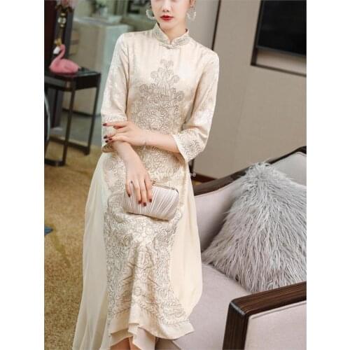 2021 chinese lace elegant vintage cheongsam modern improved qipao women flower embroidery cheongsam qipao oriental dresses