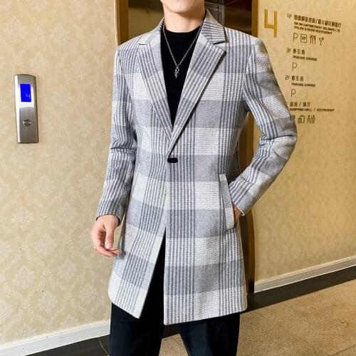 2021 autumn Men Turn Down Collar Wool Knit Sweater Trench Coat / Male 1 button Fit Woolen Plaid Casual Long Windbreaker Jacket