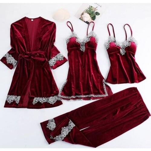 4pcs Fashion Lace Women Velvet Sleepwear Sexy Set V-Neck Spaghetti Strap Velvet Dress Fashion Loose pants Sleepwear Nightwear