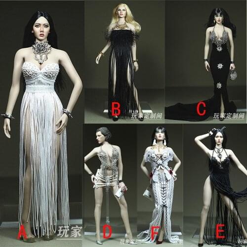 6 Colors 1/6 Scale Sexy Hollow Backless Evening Sleeveless Corset Tassel Long Necklace Bracelet for 12 inches Largest Bust Body