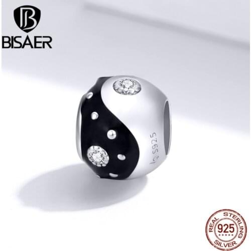 Vintage Beads BISAER 100% 925 Sterling Silver Black & White Enamel Charms Tai Chi Shape Charms for Jewelry Making EFC192