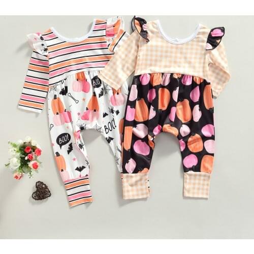 Halloween Color Block Romper For Infant Baby Girls Stripe/Plaid & Pumpkin Print Fly Sleeve Jumpsuit Children Playsuits Clothes