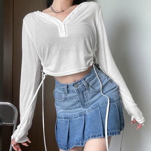 Side Drawstring Long Sleeve T-shirt Sexy Bodycon V-neck Solid Button Short T-shirts 2021 Summer Casual Open Navel T-shirt
