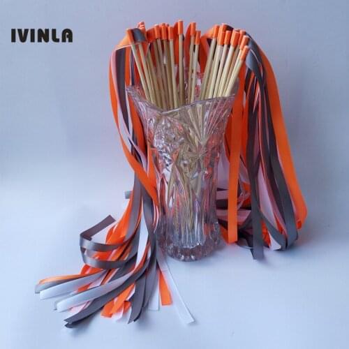 Hot selling 50pcs/lot orange and white wedding ribbon wands stick for wedding decoration