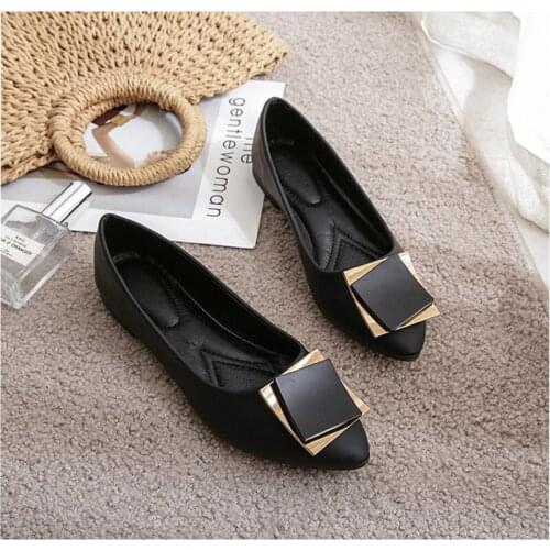 Classic Fashion Shallow Pointed Flats Casual Shoes Women Metal Square Buckle Slip comfort Shoes Black For Lady Womens Flat Shoe