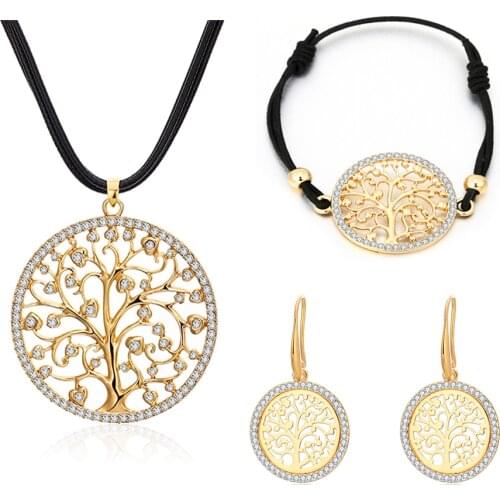 Classic Tree of Life Luxury Jewelry Set for Women Rhinestone Silver Plated Pendant Long Necklace Dangle Earrings Bracelet Sets