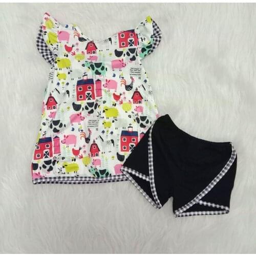 Fashion summer cute animal outfits for baby girls high quality cock pig deer pattern top+black shorts 2 pcs sets