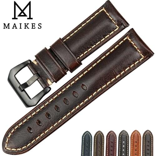 MAIKES Handmade Genuine Leather Watch Band Men Women 22mm 23mm 24mm 26mm Stainless Steel Buckle Strap for Panerai Watchband
