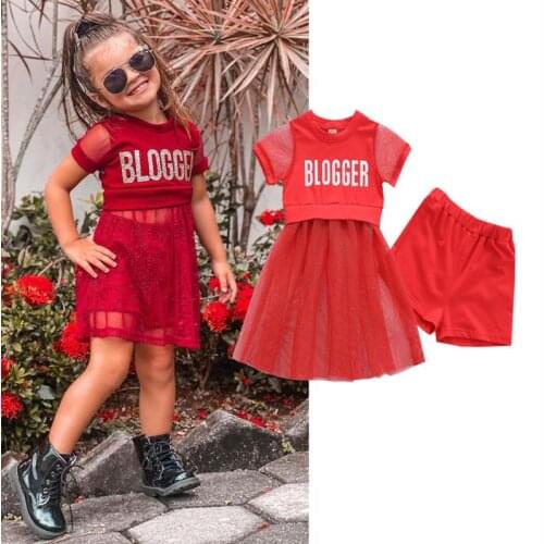 Fashion Summer Girls Kids Clothes Set Letter Shiny Print with Mesh Stitching T-shirt Dress Shorts Girls Costume 2pcs