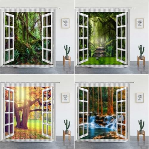 Autumn Forest Plant Landscape Shower Curtains Set Waterfall Natural Scenery Wall Hanging Bathroom Decor Bathtub Screen With Hook