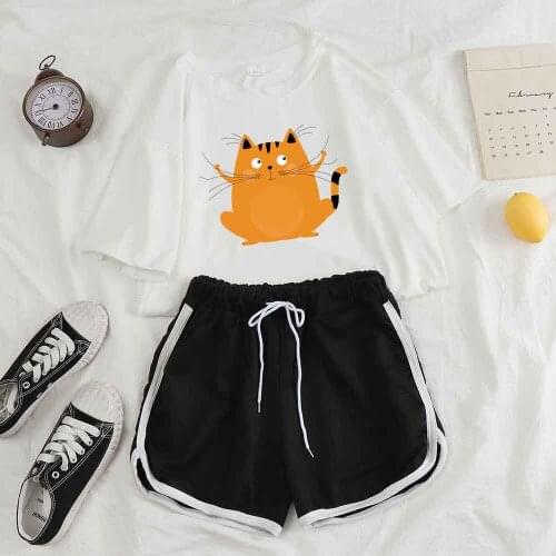 Cartoon Pajama Cute Cat Print Sleepwear Short Sleeve Pajamas Set Female Nightwear Women Set Nightgown Women Loose Sleep Tops