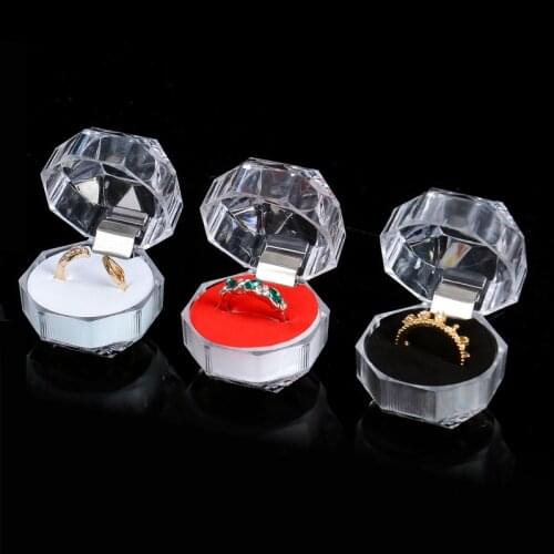 Transparent Diamond Wedding Engagement Ring Box Octagon Container Propose Marriage Rings Display Carrying Case Storage