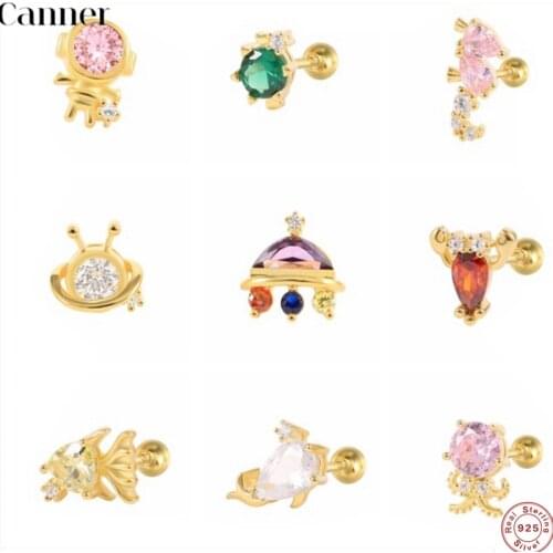 Canner 2pcs Cartilage Helix Tragus Stud Earrings 925 Silver Ear Nail Zircon Pearl Piercing Crystal Fish Jewelry Accessories Gift