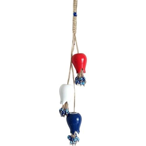Evil Eye Beads Large Size Red, White And Blue Ceramic Three Tulip Wall Ornament