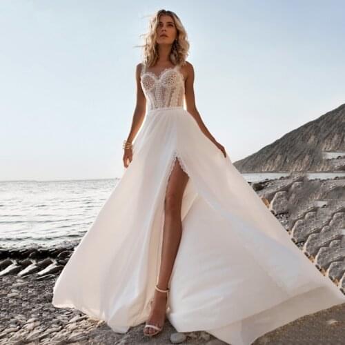 LORIE Boho Chiffon Wedding Dress Straps Sweetheart Neck lace Bride Dress 2021 Boho Wedding Gown